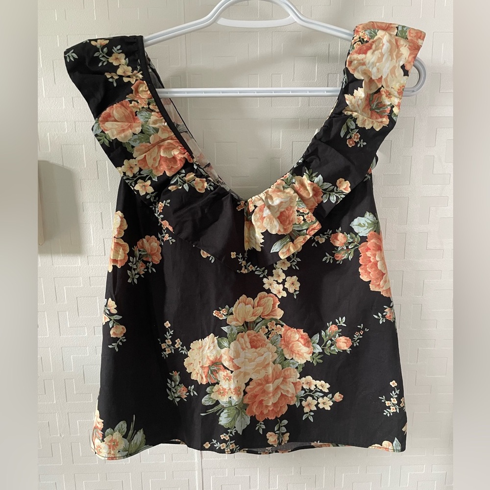 Sezane Black Floral Ruffle-Trim Sleeveless Top